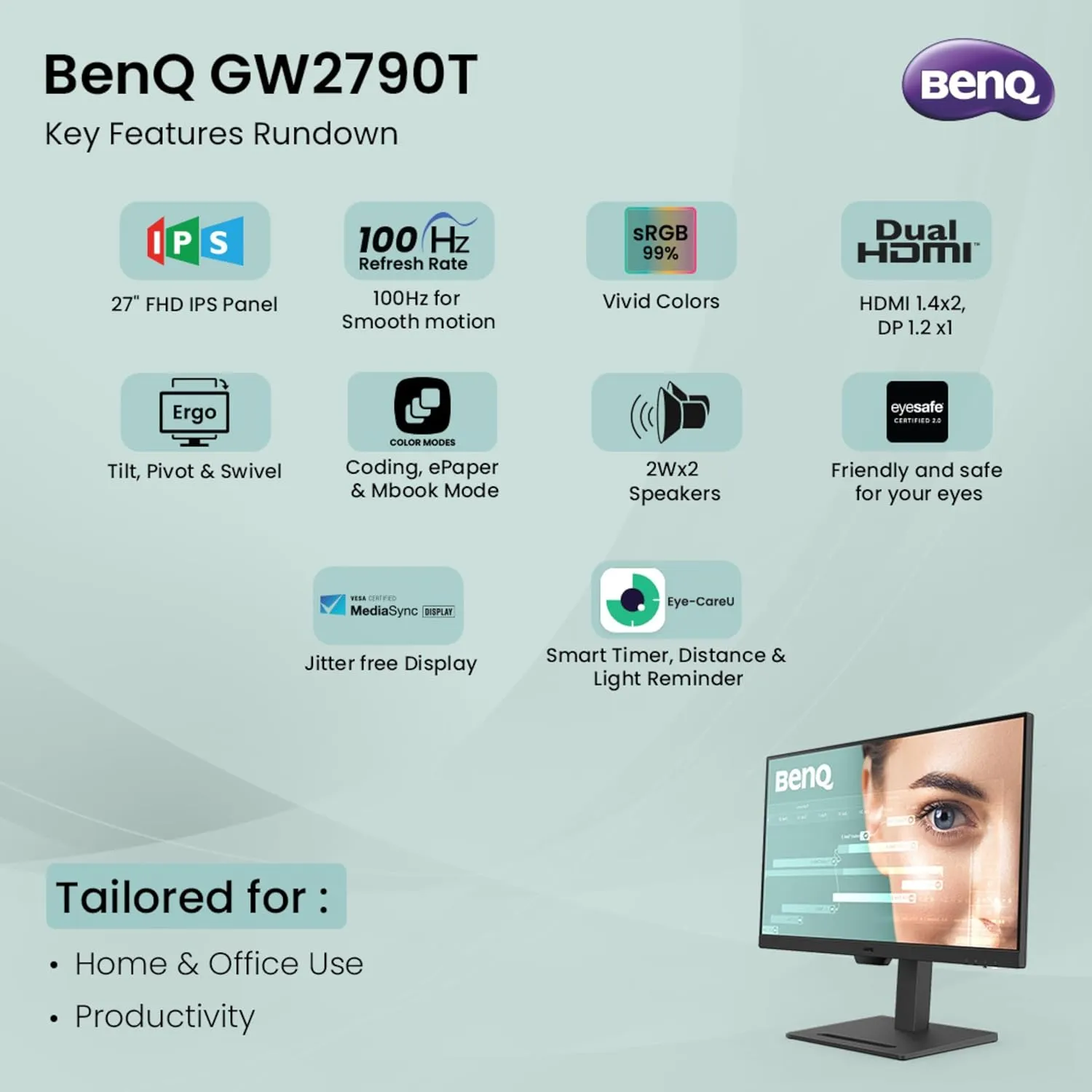 BenQ LED Monitor 27" FHD IPS Panel With 2 HDMI | DP Port (GW2790T) view 8